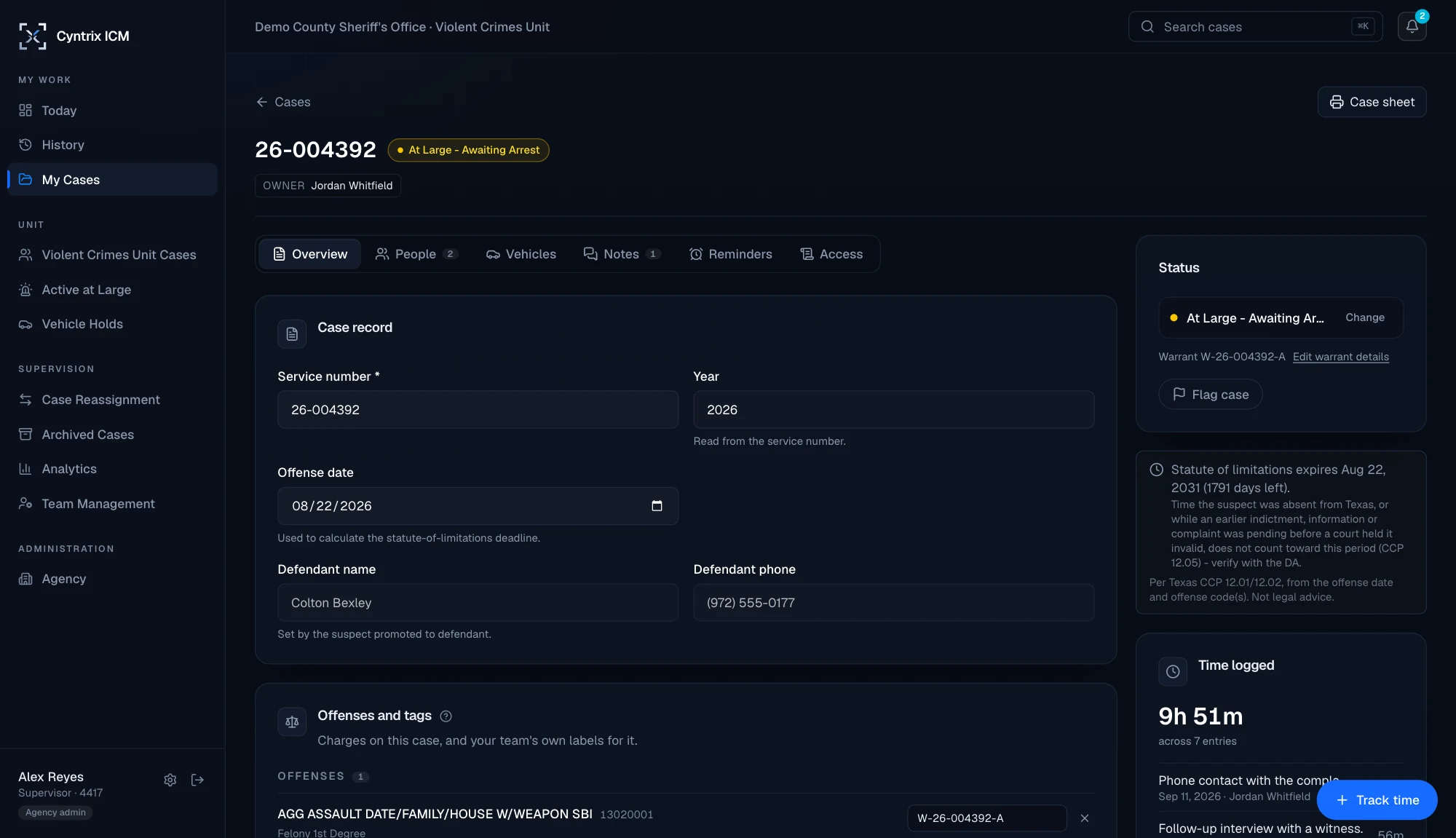 An ICM case marked At Large: the case record with the defendant set by a promoted suspect, the warrant number, the statute of limitations panel, and the time logged on the case. Screenshot from a demo agency with fictional data.