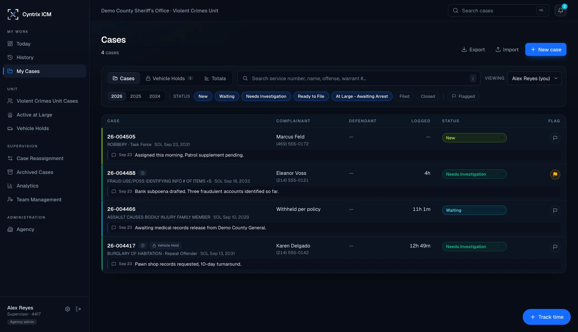 ICM's case list: each case with its offense, statute of limitations date, complainant, hours logged, status, flag, and latest note. Screenshot from a demo agency with fictional data.
